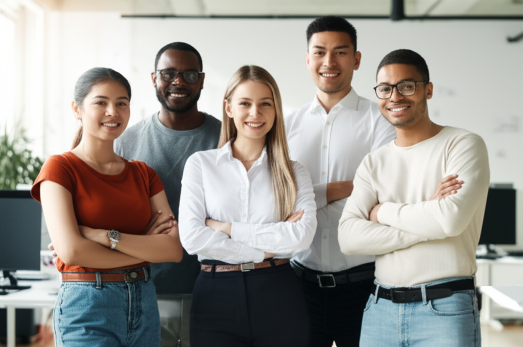 Eco City team members working together in a collaborative and supportive environment